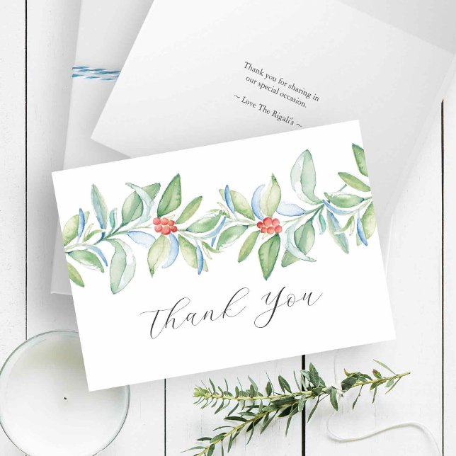 Weihnachten Vielen Dank Cards Aquarellgrün (Christmas thank you cards features watercolor holiday botanicals in shades of red and green, )
