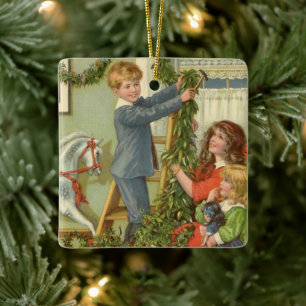 Weihnachten, Viktorianische Kinder dekorieren Keramikornament