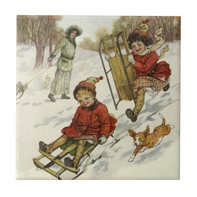 Weihnachten, Viktorianische Kinder Schlittenhund Fliese (Vorderseite)