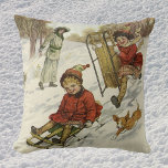Weihnachten, Viktorianische Kinder Schlittenhund Kissen<br><div class="desc">Vintage Illustration Fröhliches Weihnachtsbild mit glücklichen Jungs und Mädchen,  die am Weihnachtsfeiertag auf einem schneebedeckten Hügel spielen und hinunterlaufen. Der Bruder und die Schwester amüsieren sich mit ihrem neuen Schlitten,  während sich auch ihr Welpenhund auf dem Heimtierfeld amüsiert! Grüße der Saison!</div>