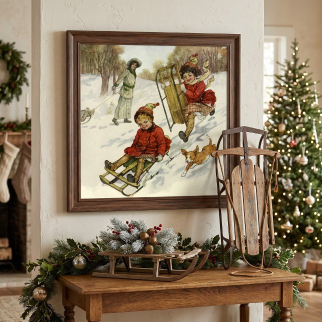 Weihnachten, Viktorianische Kinder Schlittenhund Poster (Vintage illustration featuring children and a dog sledding down a snow covered hill on Christmas Day)