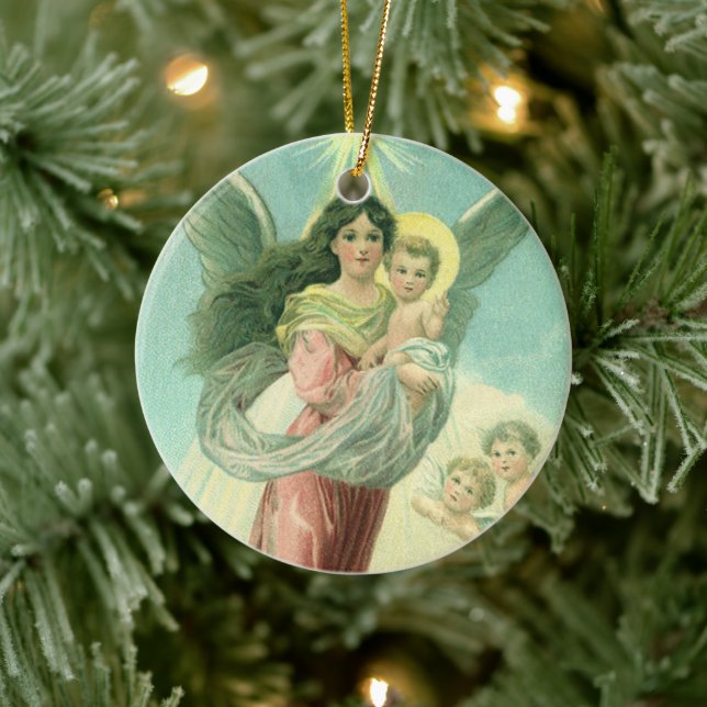 Weihnachten, Viktorianischer Engel mit dem Jungen  Keramik Ornament (Baum)