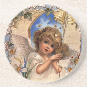 Weihnachten, Viktorianischer Engel mit goldenen Gl Sandstein Untersetzer
