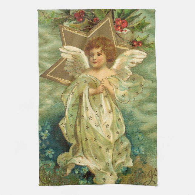 Weihnachten, Viktorianischer Engel mit Goldstern Geschirrtuch (Vertikal)