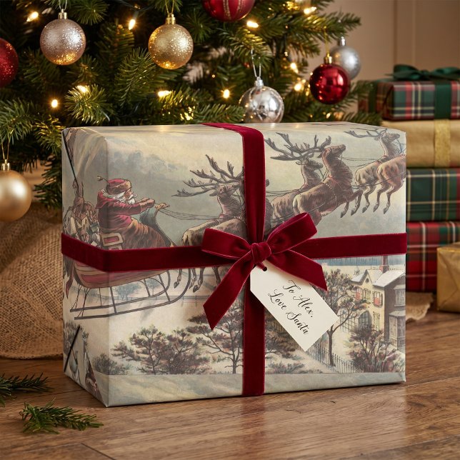 Weihnachten Viktorianischer Weihnachtsmann Geschenkpapier Set (Vintage design featuring Santa Claus in his sleigh with reindeer delivering toys on Christmas Eve.)