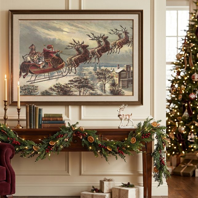 Weihnachten, Viktorianischer Weihnachtsmann im Sle Poster (Vintage illustration Santa Claus in his sleigh with his reindeer delivering toys on Christmas Eve. )