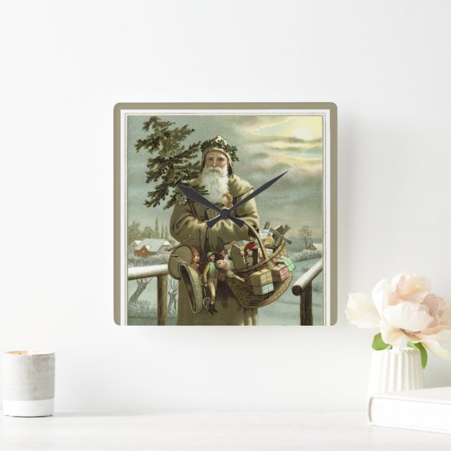 Weihnachten, Viktorianischer Weihnachtsmann mit Sp Quadratische Wanduhr (Zuhause)