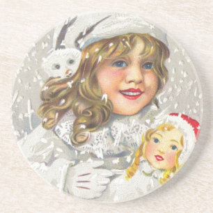 Weihnachten Viktorianisches Mädchen mit Puppe im S Untersetzer