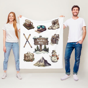 Weihnachten Vintag Retro Ski Couple Outdoor White Fleecedecke