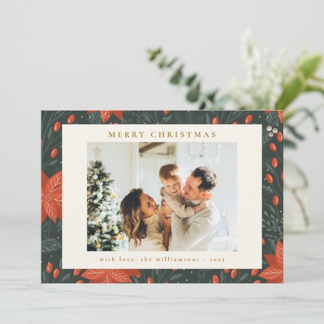 Weihnachten Vintag Rote Botanische Grüne Zwei Foto (Stehend Vorderseite)