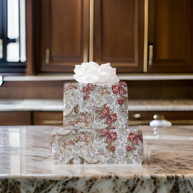 Weihnachten Vintage EisSkate Kariert Holly Silver Geschenkpapier (Von Creator hochgeladen)