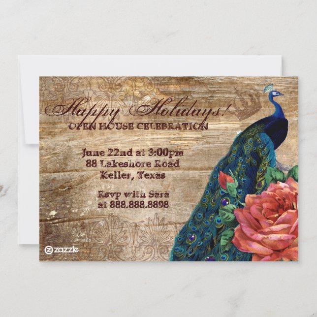 Weihnachten Vintage Foto Card Pfau Rose Holz Einladung (Vorderseite)