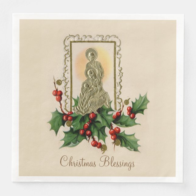 Weihnachten Vintage Krippe Holly Berries Serviette (Vorderseite)
