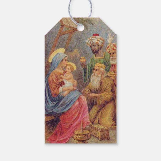 Weihnachten Vintage Krippe Jesus Illustration Geschenkanhänger (Vorderseite)