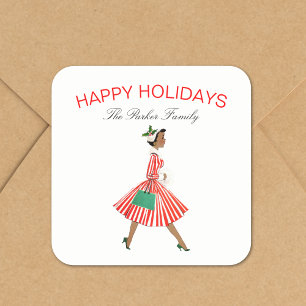 Weihnachten Vintage Retro-Frau im Kleid Quadratischer Aufkleber