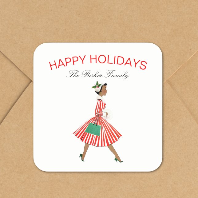 Weihnachten Vintage Retro-Frau im Kleid Quadratischer Aufkleber (Von Creator hochgeladen)