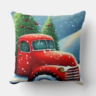 Weihnachten Vintage roter LKW und Schnee Bäume Kissen