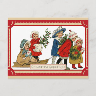 Weihnachten Vintage Süße Kinder Schlitten Postkarte
