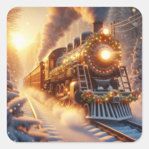 Weihnachten Vintage-Urlaubszug Schneeiger Winter Quadratischer Aufkleber