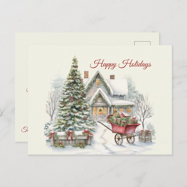 Weihnachten Vintage Winterlandschaft glückliche Fe Postkarte (Vorne/Hinten)