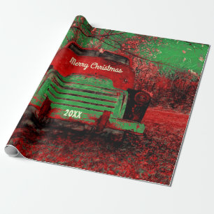 Weihnachten Vintager Hellrot Grün Rustikaler Lkw= Geschenkpapier