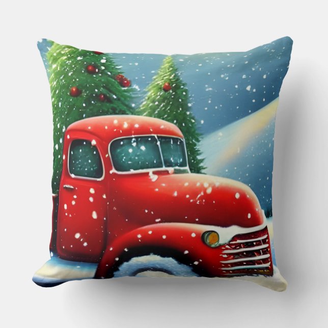 Weihnachten Vintager Roter LKW und Schneebäume Kissen (Vorderseite)