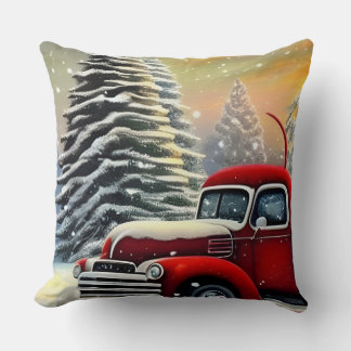 Weihnachten Vintager Roter LKW und Schneebäume Kissen
