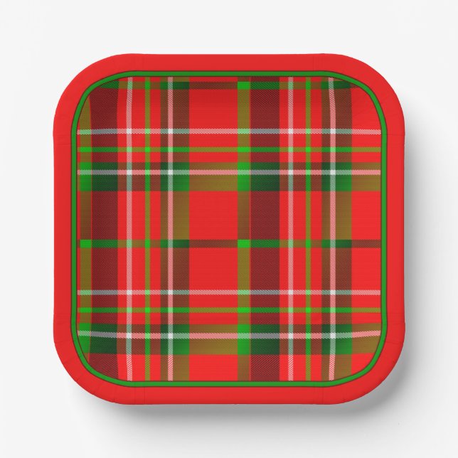 Weihnachten Vivid Red Green Geometric Tartan Muste Pappteller (Vorderseite)