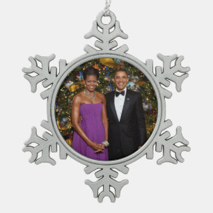 Weihnachten von Präsident Barack Obama und Michell Schneeflocken Zinn-Ornament