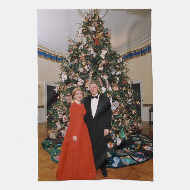 Weihnachten von US-Präsident Bill Clinton & Hillar Geschirrtuch (Vertikal)