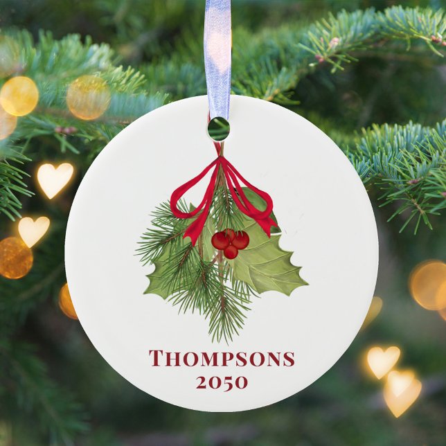 Weihnachten Wasserfarbe Holly Berries Grüne Einfac Keramik Ornament (Christmas photo elegant holiday holly greenery and foliage ornament. )