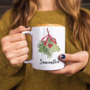 Weihnachten Wasserfarbe Holly Berries Grüne Skript Kaffeetasse
