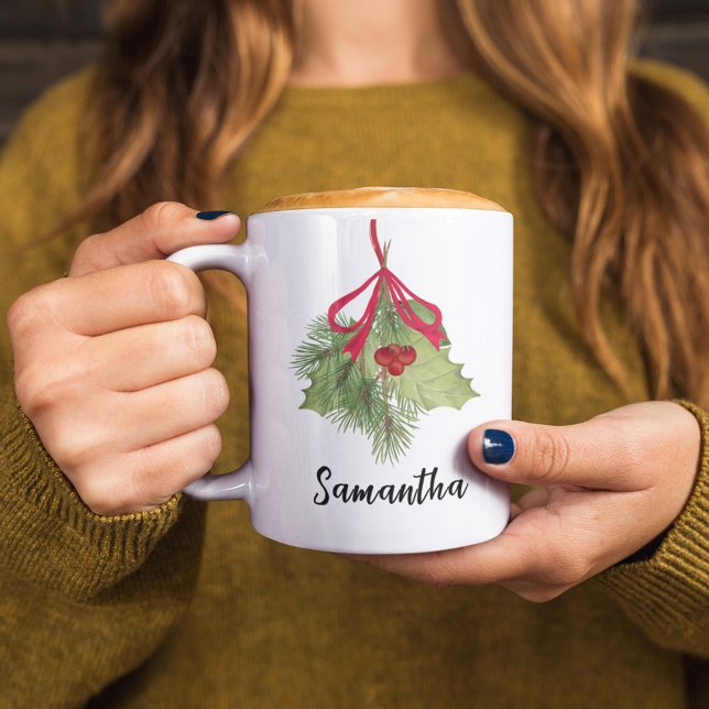 Weihnachten Wasserfarbe Holly Berries Grüne Skript Kaffeetasse (Christmas holiday greenery and foliage calligraphy script custom mug. )