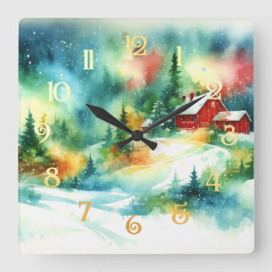Weihnachten Wasserfarbe ländliche Winterlandschaft Quadratische Wanduhr