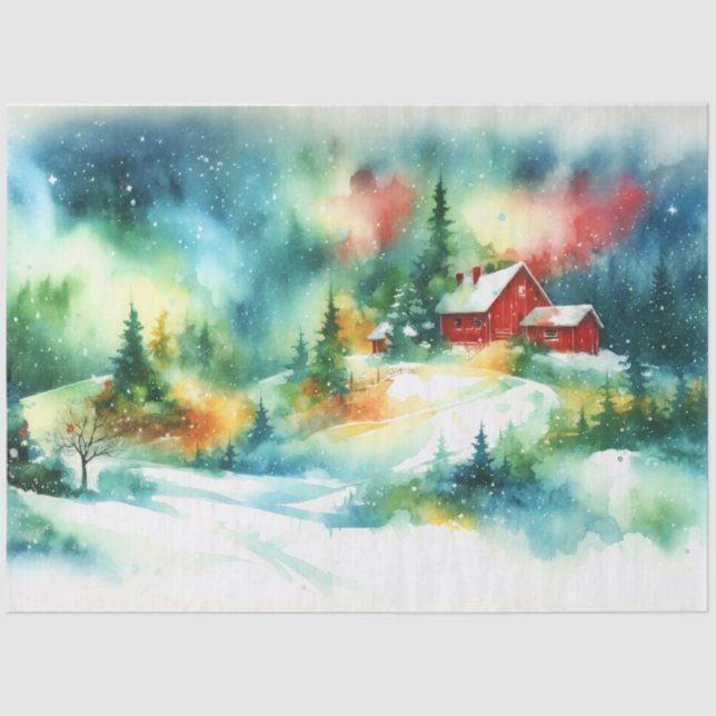 Weihnachten Wasserfarbe ländliche Winterlandschaft Seidenpapier (Vorderseite)