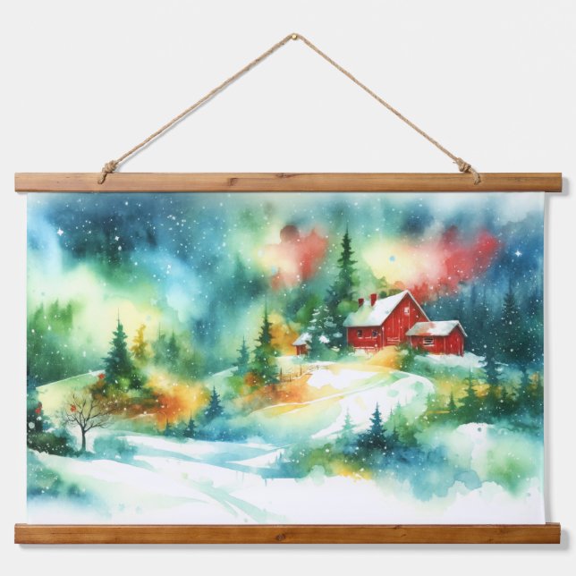 Weihnachten Wasserfarbe ländliche Winterlandschaft Wandteppich Mit Holzrahmen (Vorne)
