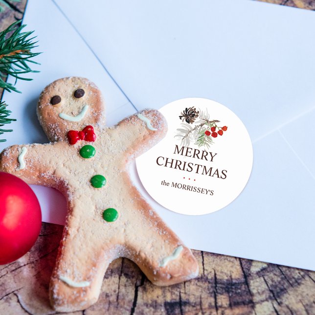 Weihnachten Wasserfarbe Pine Cone Berries Name Runder Aufkleber (Christmas Watercolor Pine Cone Berries Name Classic Round Sticker)