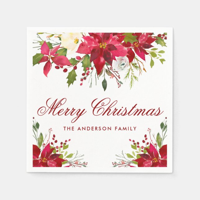 Weihnachten Wasserfarbe Poinsettia Blumenroter Nam Serviette (Vorderseite)
