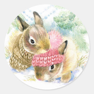 Weihnachten Wasserfarbe - Winterwaldkaninchen Runder Aufkleber