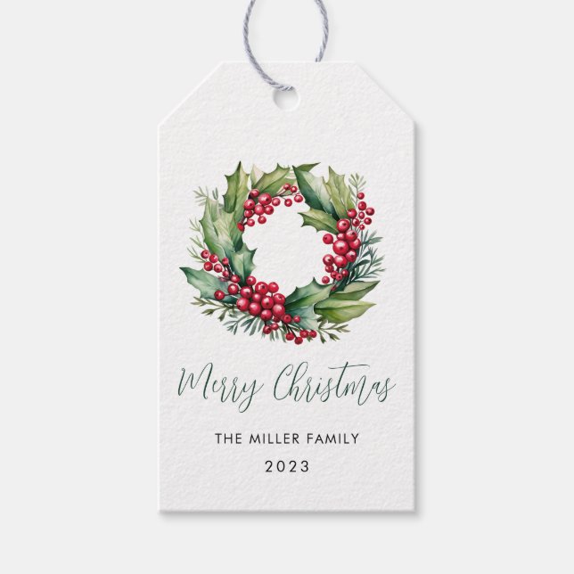 Weihnachten Wasserfarben Berries und Grünreath Geschenkanhänger (Vorderseite)