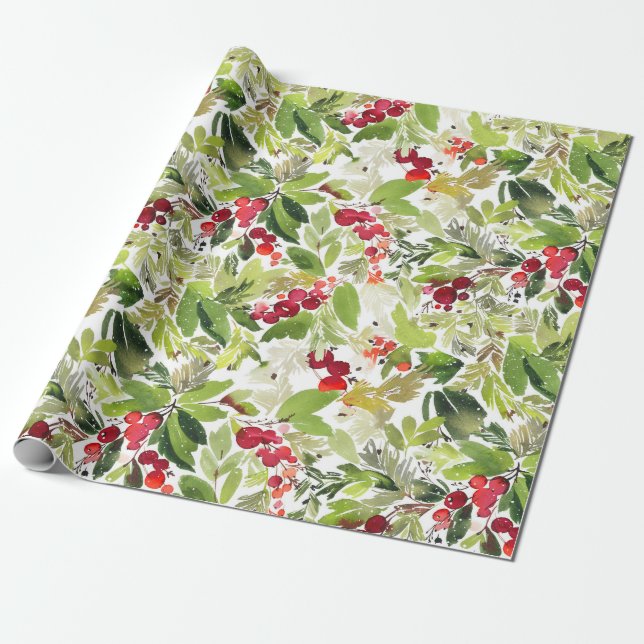Weihnachten Wasserfarben Foliage Holly Berry Geschenkpapier (Ungerollt)