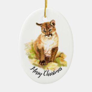 Weihnachten Wasserfarben Gemälde eines Cougar-Krüb Keramik Ornament