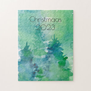 Weihnachten Wasserfarben Pine Trees Blue Green Puzzle
