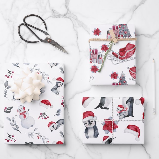 Weihnachten Wasserfarbene Pinguine Sleigh Tree Geschenkpapier Set (Vorderseite)