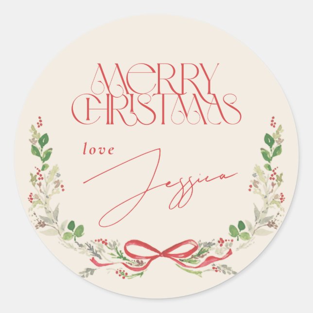 Weihnachten Wasserfarbene rote Bows Traditionelle  Runder Aufkleber (Vorderseite)