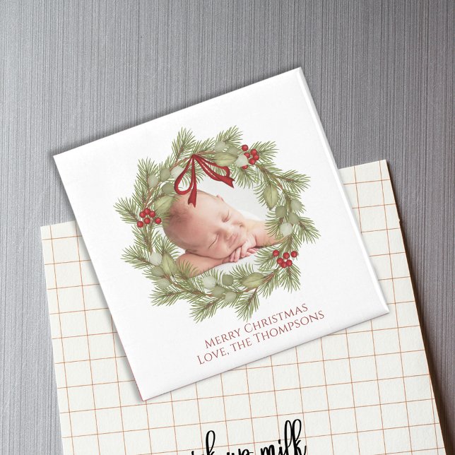 Weihnachten Wasserfarbengrün Krustenblatt Magnet (Elegant Christmas holiday greenery, foliage red holly berries photo magnet.)