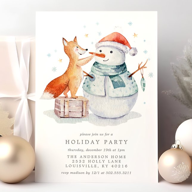 Weihnachten Watercolor Fox Snowman Feiertage Party Einladung (Von Creator hochgeladen)