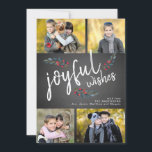 Weihnachten Weihnachten auf Joyful Wishs Weihnacht<br><div class="desc">Joyful wünscht White Script und Sketched Watercolor Berries auf Black Chalkboard 4 Foto Holiday Card . Design by Elke Clarke © Passen Sie die Collage des Fotos mit Ihren Fotos und Namen an</div>