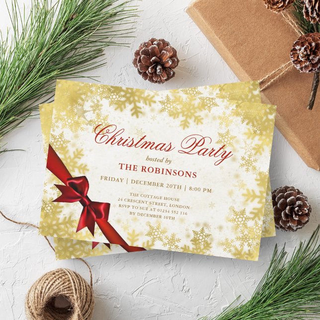 Weihnachten Weihnachten Feiertag Schnee Gold & Rot Einladung (Festive Holiday Christmas Snow Gold & Red Ribbon Invitation)