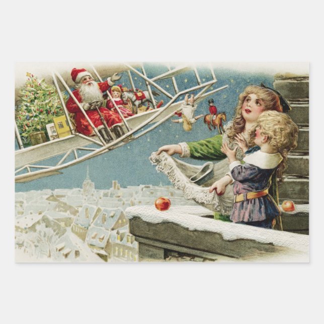 Weihnachten Weihnachten im Flugzeug und Kinder Geschenkpapier Set (Vorderseite)